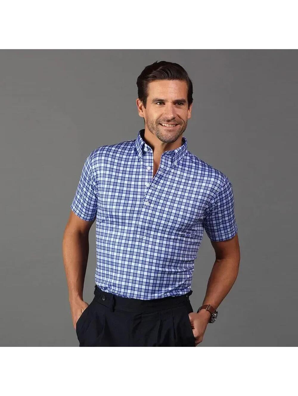 Men's Blue Check Short-Sleeve Polo Shirt